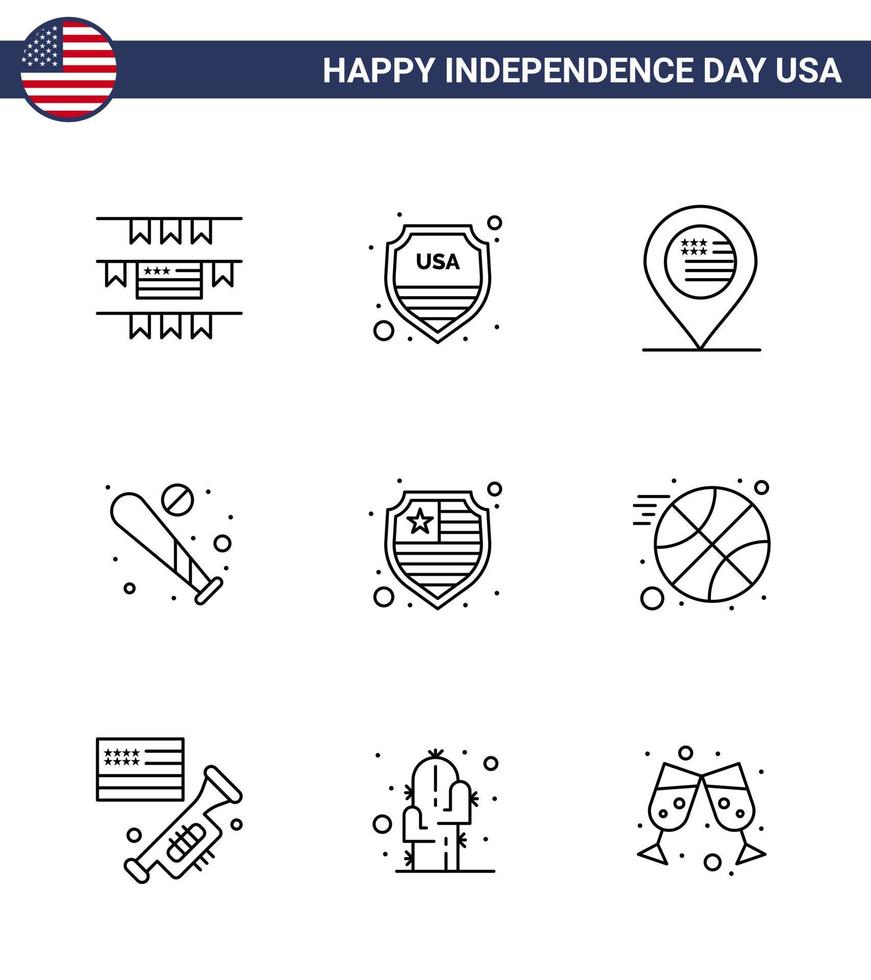 4. juli usa glücklicher unabhängigkeitstag symbol symbole gruppe von 9 modernen linien des schutzes usa standort sport baseball editierbare usa tag vektor design elemente