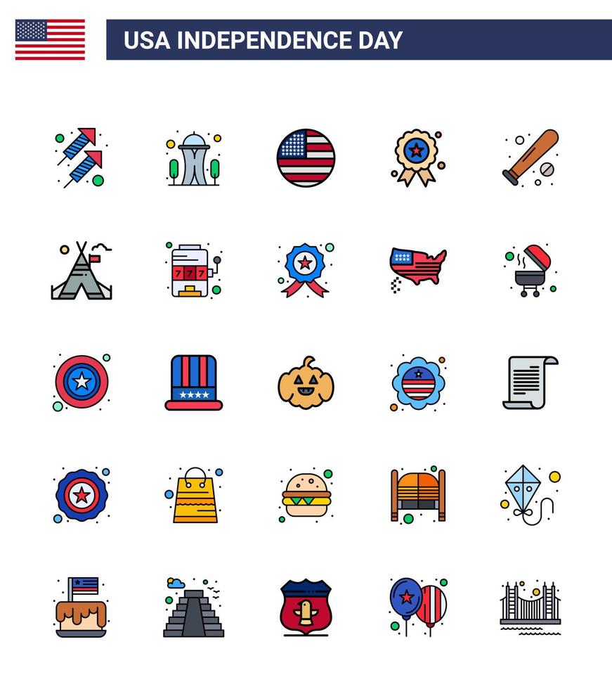 editierbare vektorflach gefüllte zeilenpackung des usa-tages 25 einfache flach gefüllte linien der baseball-medaille amerikanischer unabhängigkeitstag urlaub editierbare usa-tag-vektor-designelemente vektor