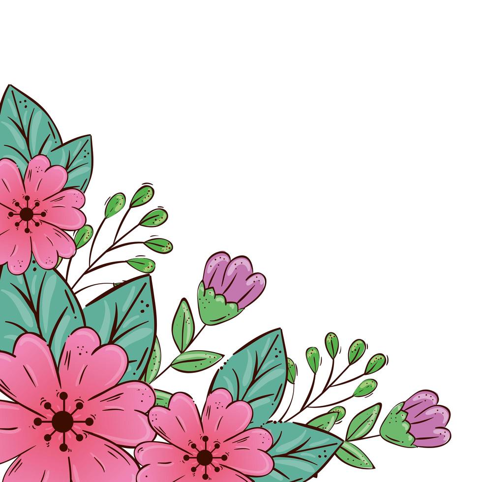 süße Blumen rosa und lila mit Blättern vektor