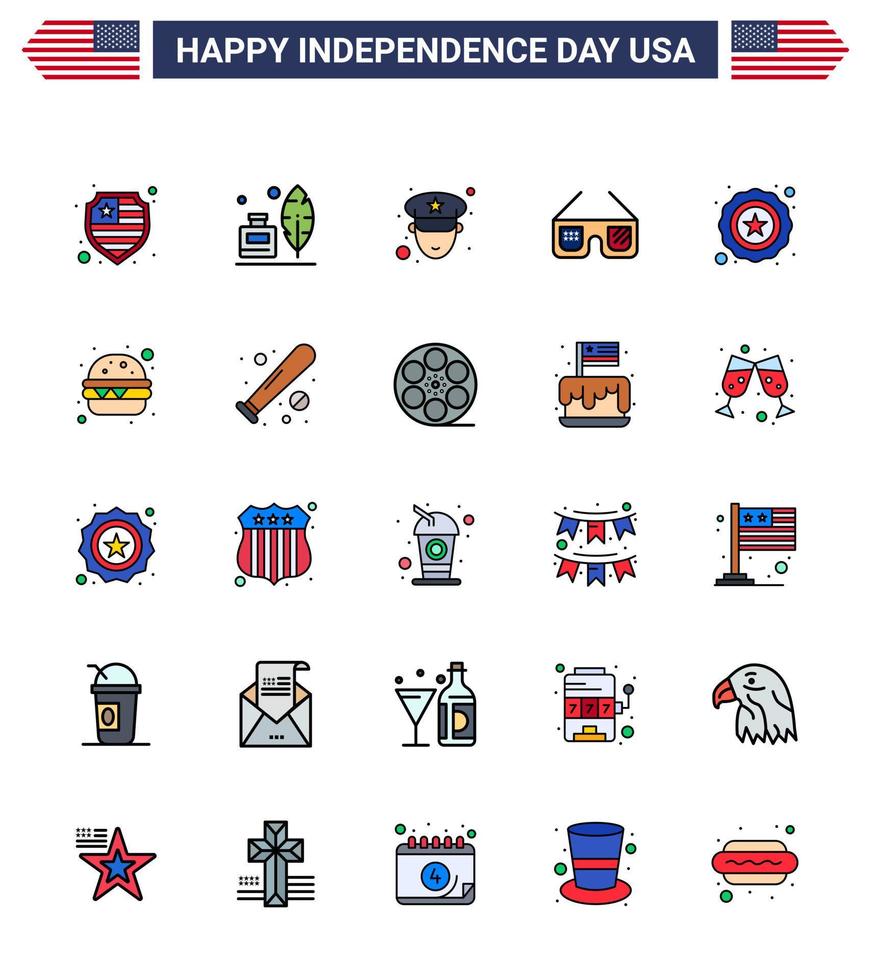 uppsättning av 25 USA dag ikoner amerikan symboler oberoende dag tecken för burger stjärna officer polis amerikansk redigerbar USA dag vektor design element