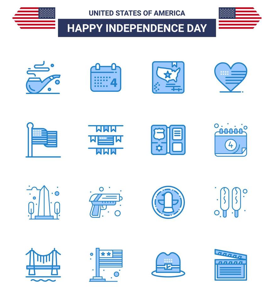 packa av 16 USA oberoende dag firande blues tecken och 4:e juli symboler sådan som tacksägelse amerikan flagga flagga kärlek redigerbar USA dag vektor design element