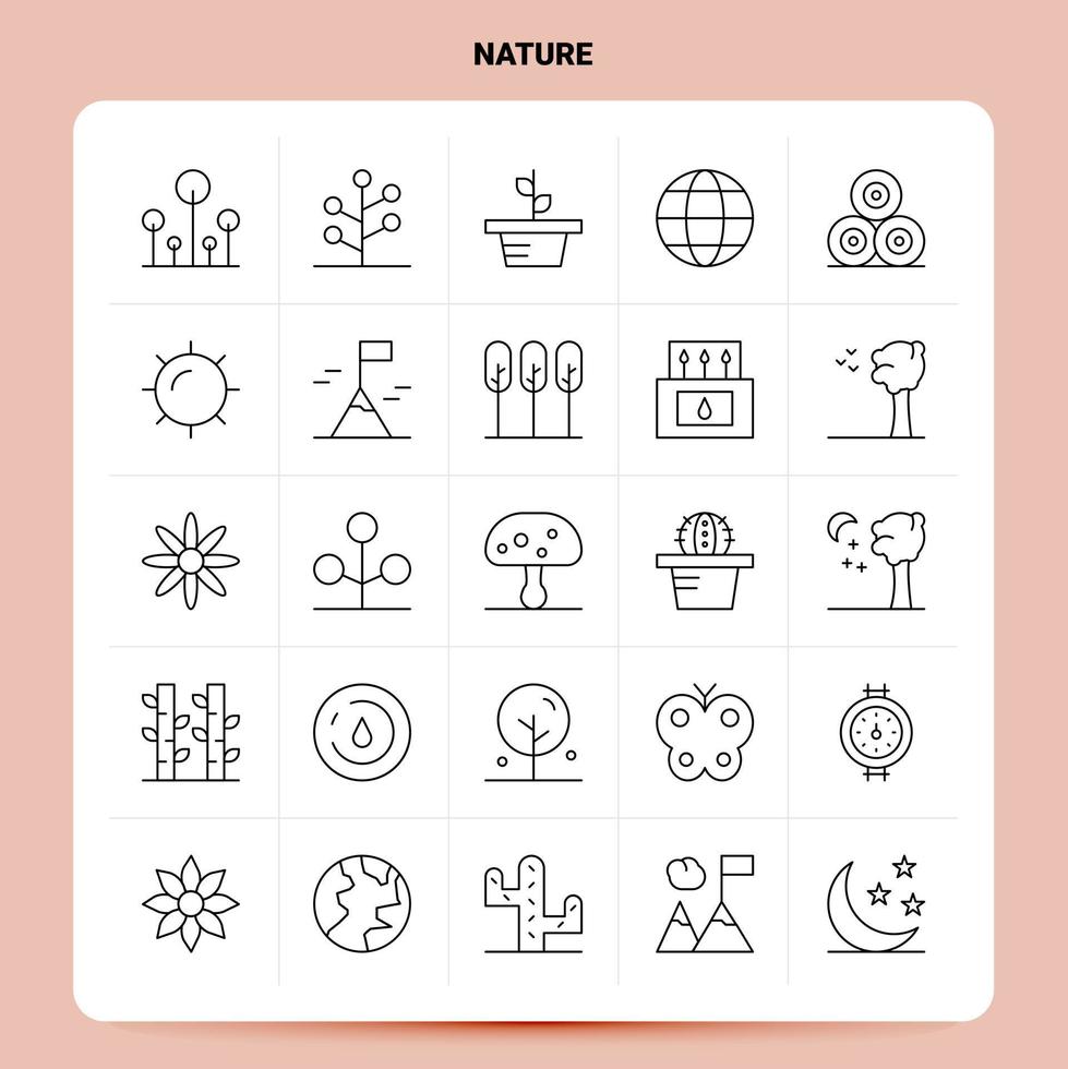 Umriss 25 Natur Icon Set Vektor Linienstil Design schwarze Icons Set lineares Piktogramm Pack Web und mobile Geschäftsideen Design Vektor Illustration