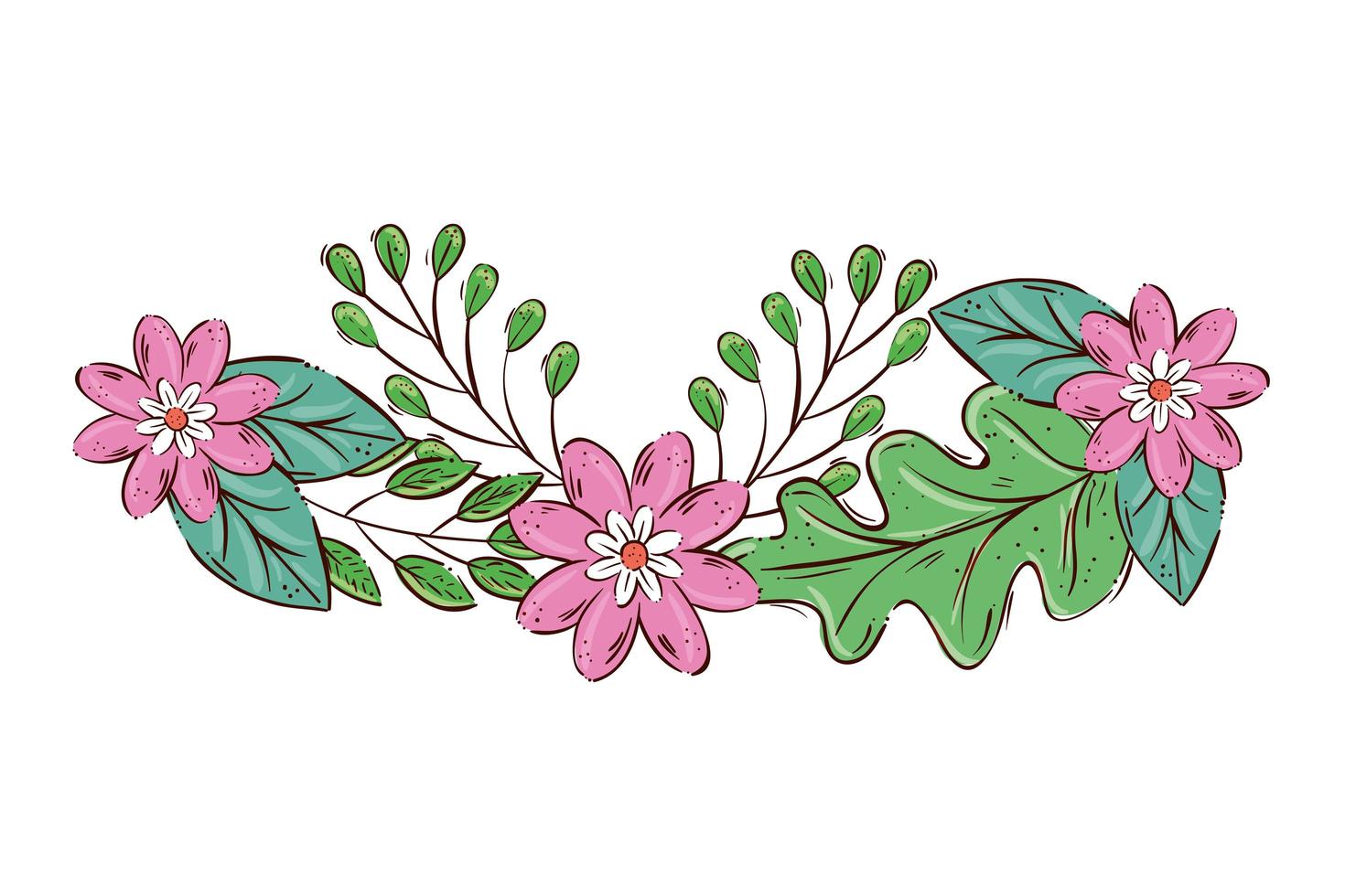 dekoration av söta blommor rosa färg med grenar och blad vektor