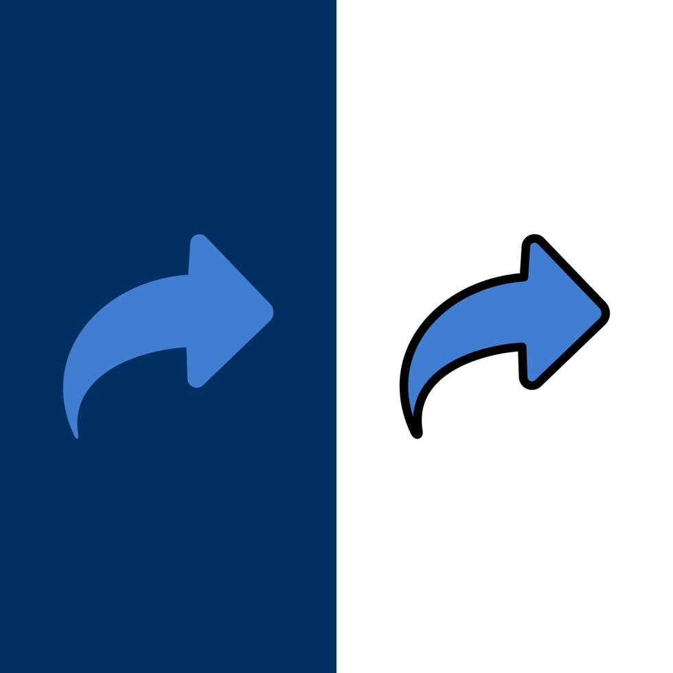 pil riktning rätt framåt- ikoner platt och linje fylld ikon uppsättning vektor blå bakgrund