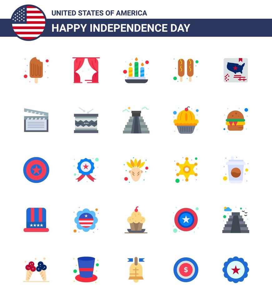 Packung mit 25 kreativen USA-Unabhängigkeitstag-bezogenen Wohnungen der Weltflaggenkerze American Hot Dog editierbare USA-Tag-Vektordesign-Elemente vektor