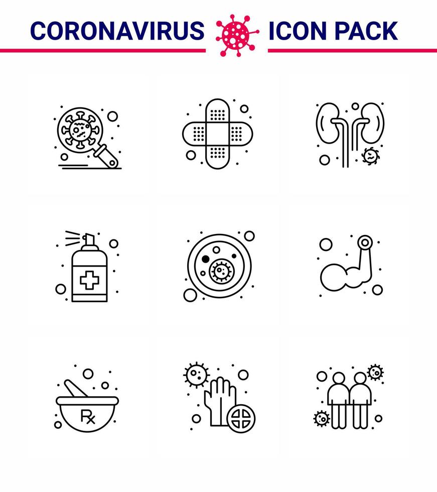coronavirus förebyggande uppsättning ikoner 9 linje ikon sådan som blod bakterie Handvård sjukdom hand spray viral coronavirus 2019 nov sjukdom vektor design element