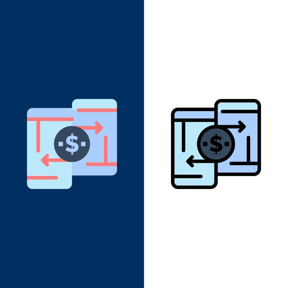 mobil pengar betalning peertopeer telefon ikoner platt och linje fylld ikon uppsättning vektor blå bakgrund