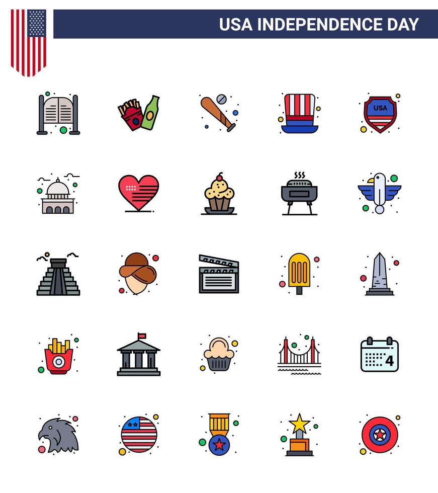 Flach gefüllte Linienpackung mit 25 Symbolen für den Unabhängigkeitstag der USA von Sicherheitspräsidenten Ballhut USA editierbare USA-Tag-Vektordesign-Elemente vektor