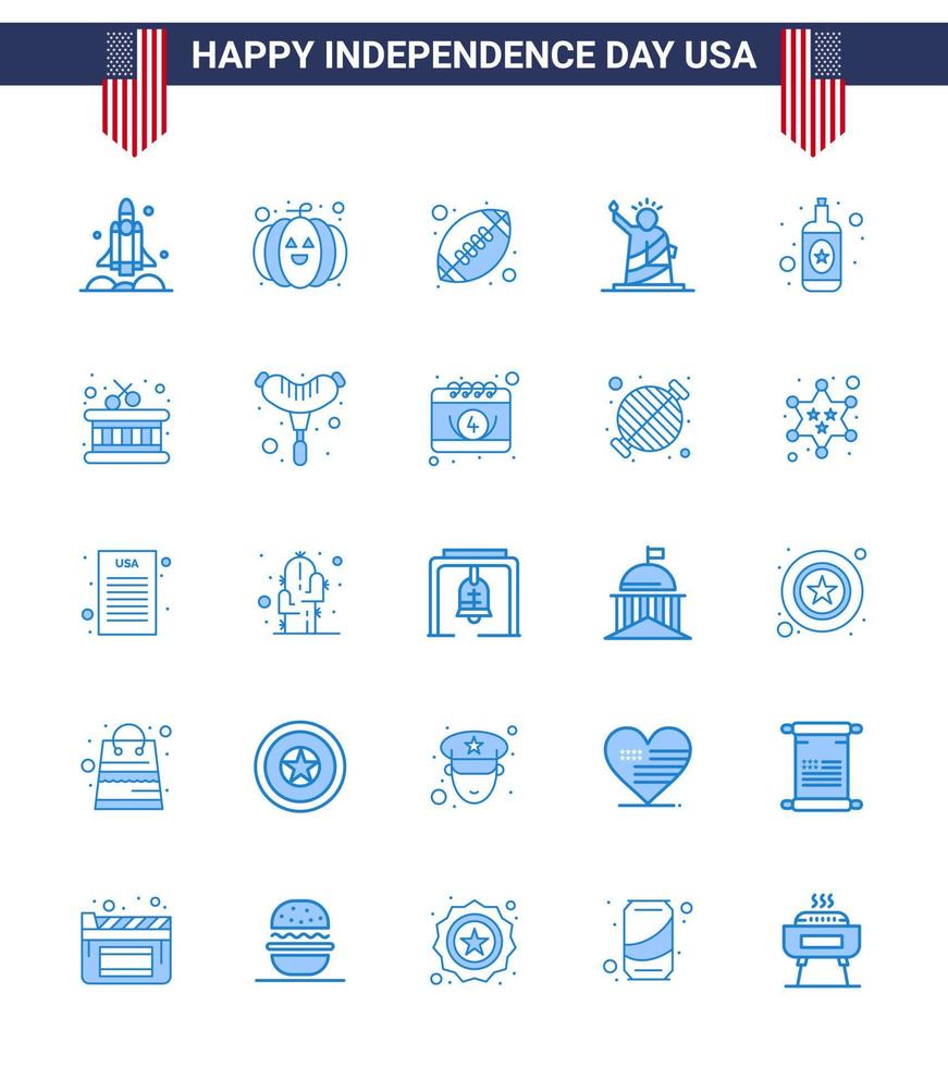 blå packa av 25 USA oberoende dag symboler av alkohol staty boll av landmärken redigerbar USA dag vektor design element
