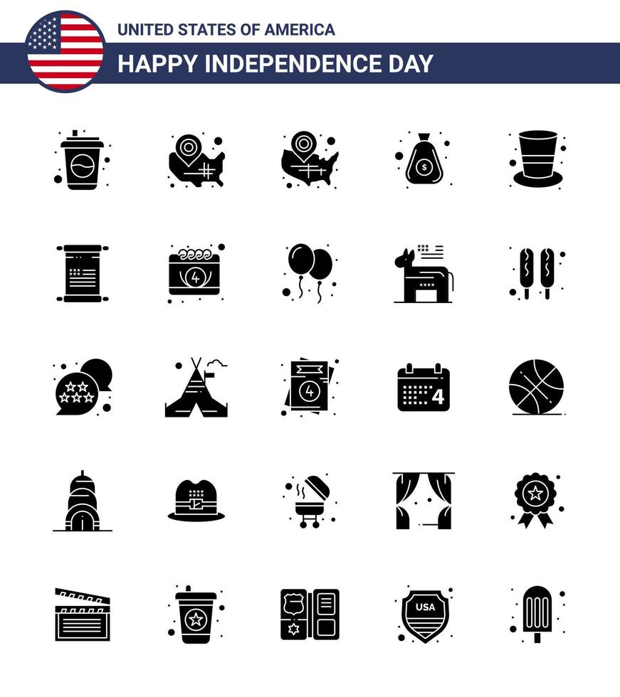 Große Packung mit 25 USA Happy Independence Day USA Vektor solide Glyphe und editierbare Symbole von Scroll Hat Position Pin Cap Cash editierbare USA Day Vektor Design Elemente