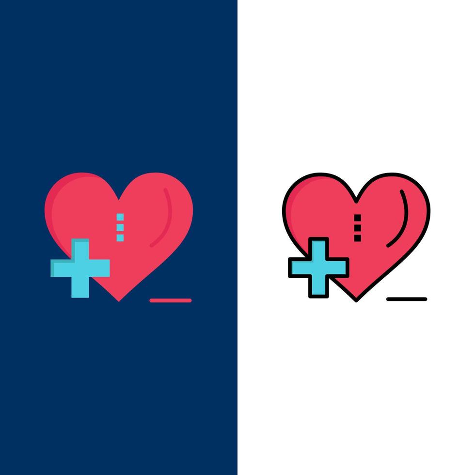 Liebe Gesundheitswesen Krankenhaus Herzpflege Symbole flach und Linie gefüllt Icon Set Vektor blauen Hintergrund