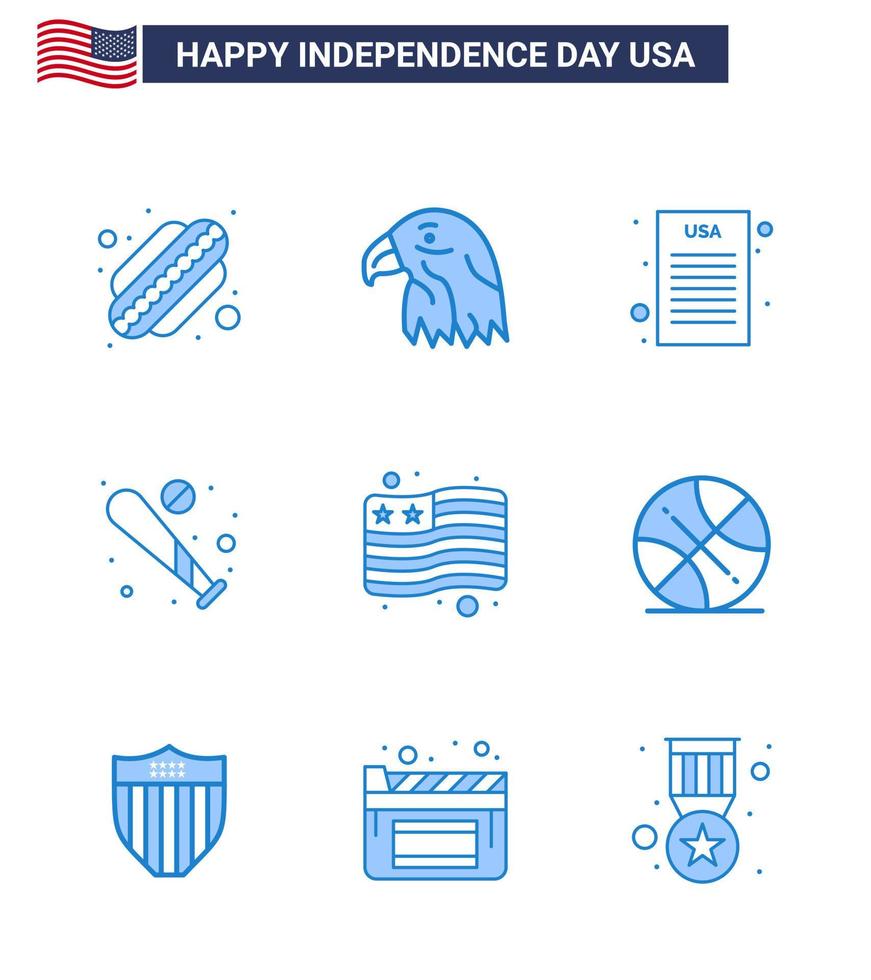 Blaue Packung mit 9 USA-Unabhängigkeitstag-Symbolen des USA-Landes Unabhängigkeitserklärung USA-Fledermaus editierbare USA-Tag-Vektordesign-Elemente vektor