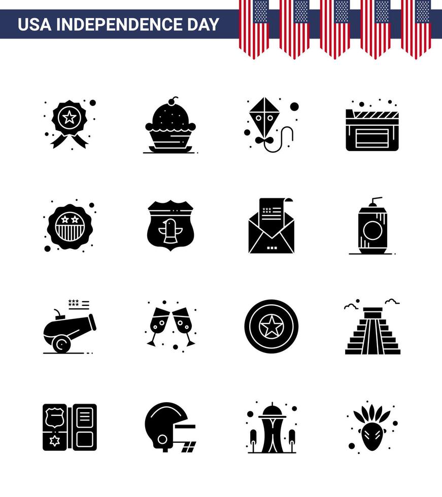 packung mit 16 usa unabhängigkeitstag feier solide glyphen zeichen und 4. juli symbole wie abzeichen amerikanisches erntedankfest film kino editierbare usa tag vektor design elemente