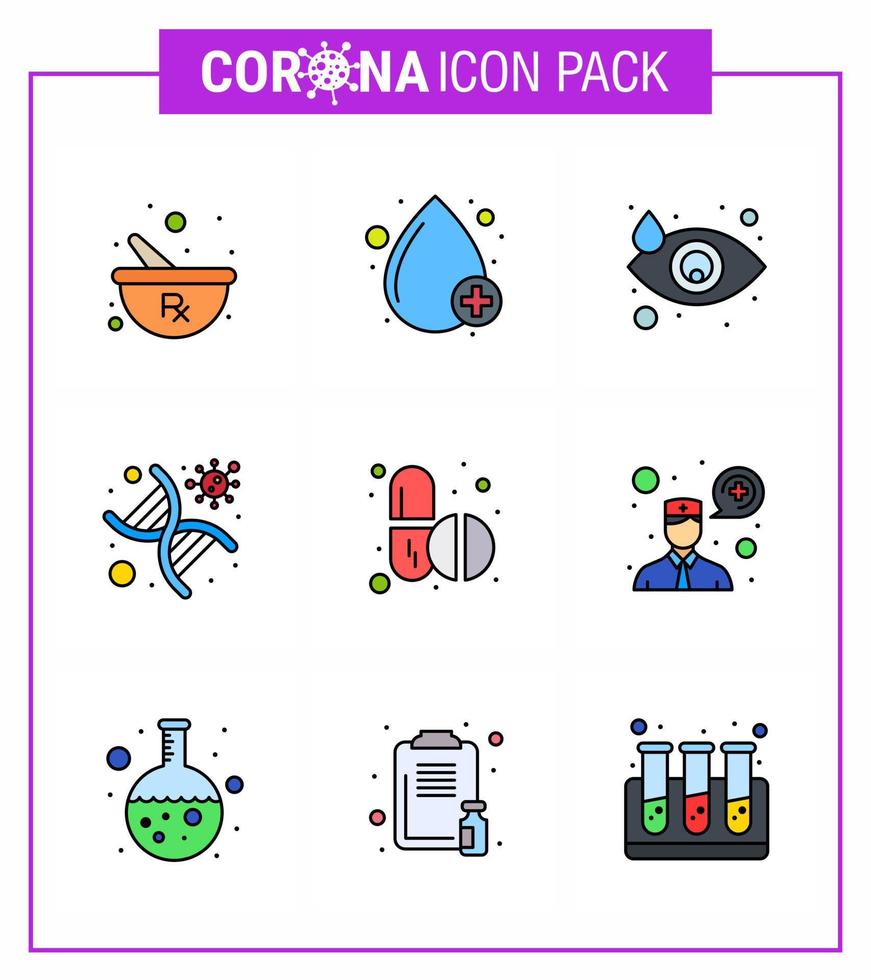 9 fylld linje platt Färg uppsättning av korona virus epidemi ikoner sådan som medicin strå gråt genomisk dna viral coronavirus 2019 nov sjukdom vektor design element