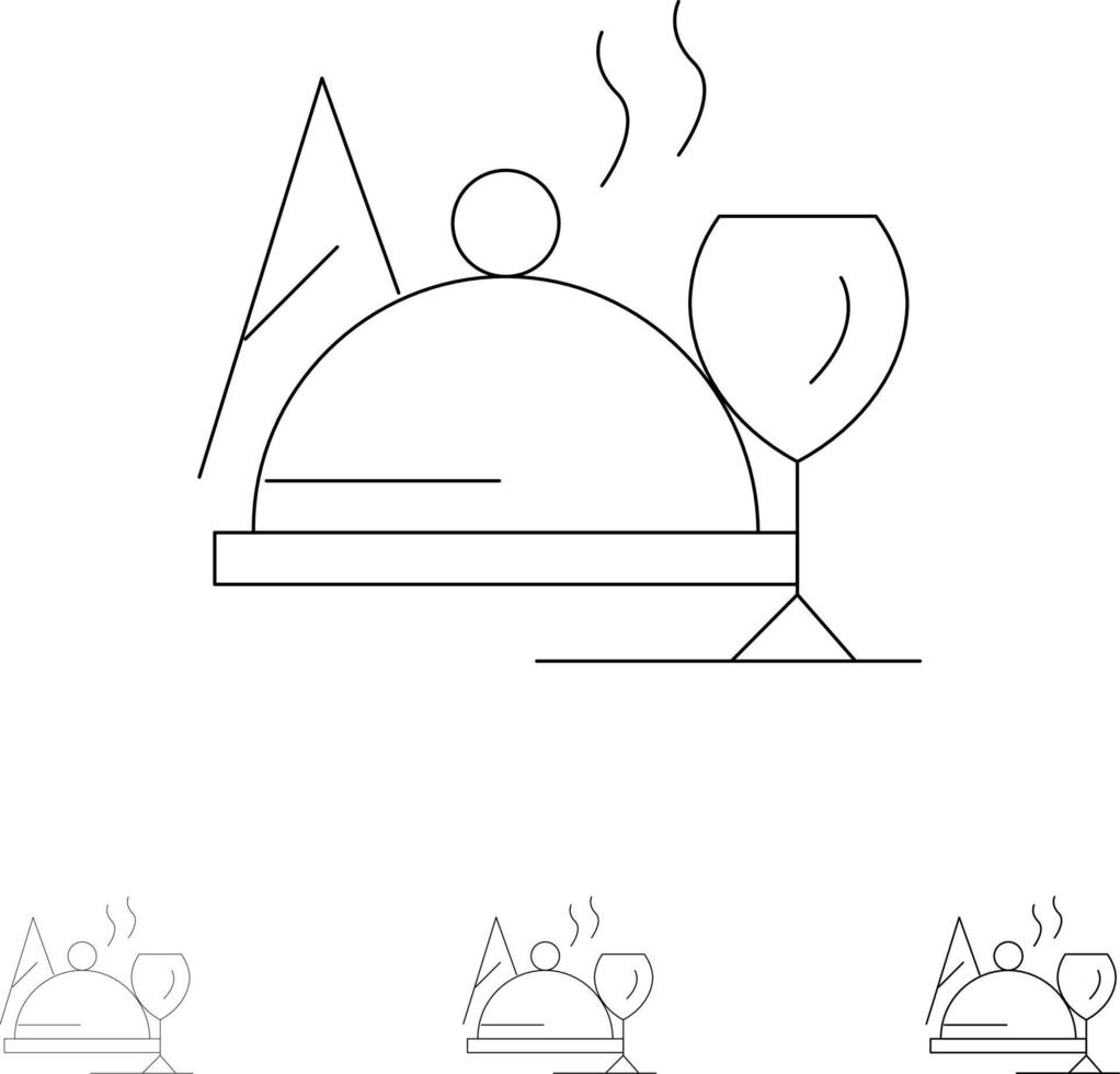 hotell maträtt mat glas djärv och tunn svart linje ikon uppsättning vektor