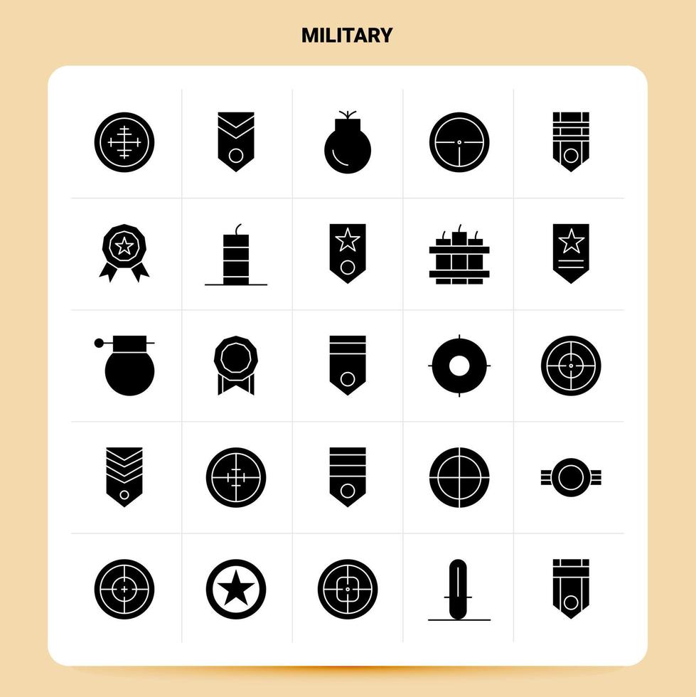 fast 25 militär ikon uppsättning vektor glyf stil design svart ikoner uppsättning webb och mobil företag idéer design vektor illustration