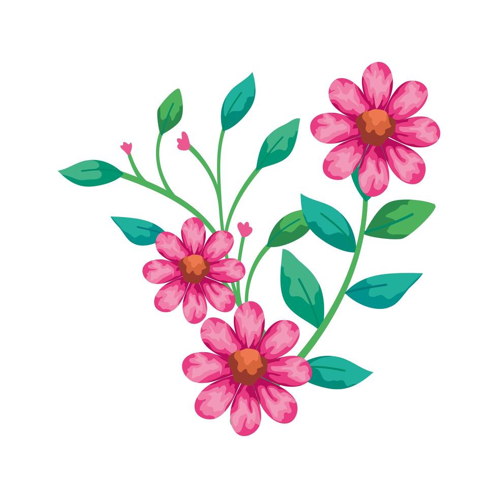 söta blommor rosa med grenar och blad isolerad ikon vektor