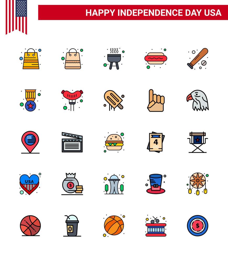 Lycklig oberoende dag 4:e juli uppsättning av 25 platt fylld rader amerikan pictograph av bricka USA hund sporter baseboll redigerbar USA dag vektor design element