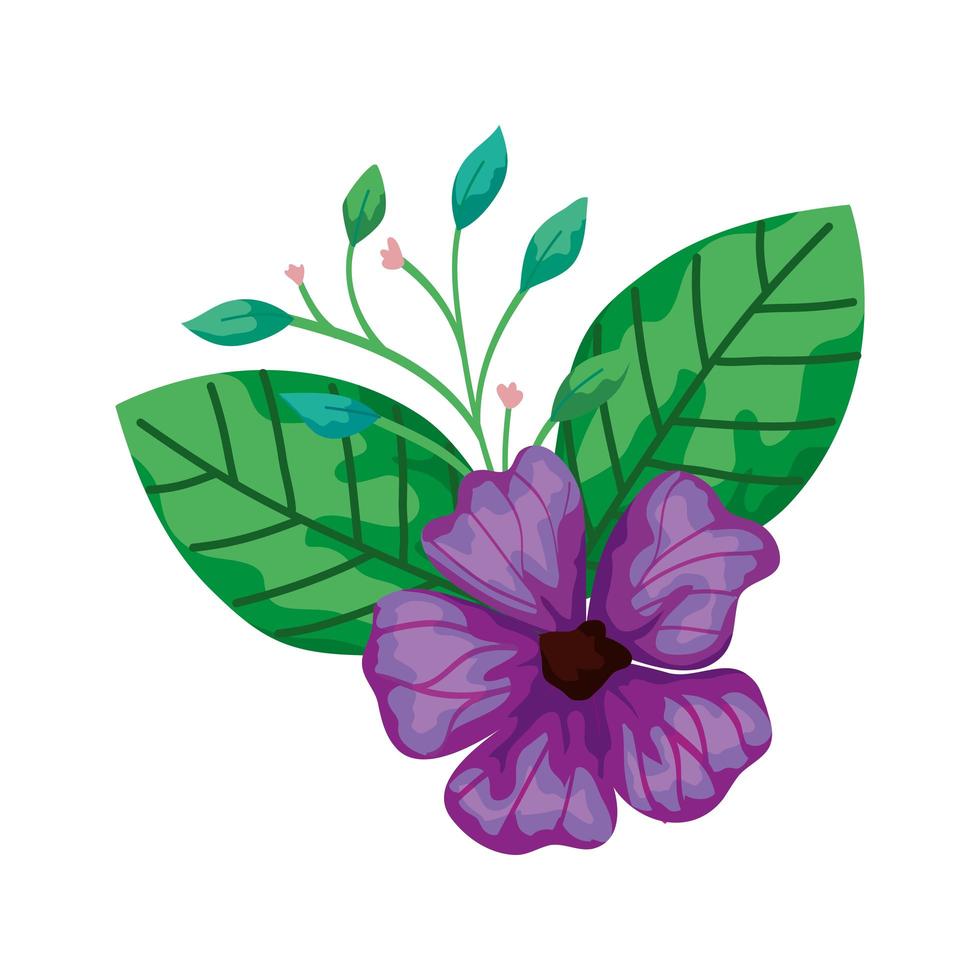 niedliche Blume lila mit Zweigen und Blättern isolierte Ikone vektor