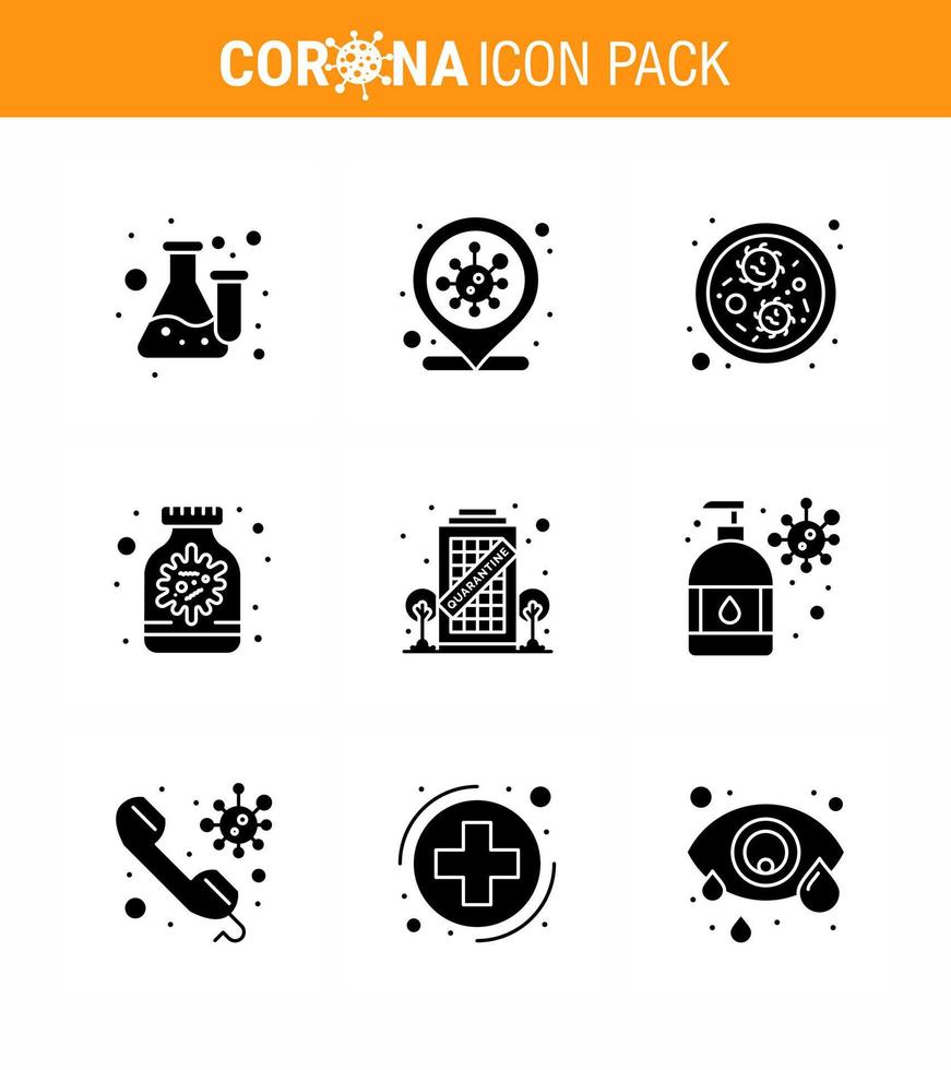 9 Solid Glyph Black Coronavirus Epidemie Icon Pack saugt als Coronavirus Flasche Infektion Ort Medizin Antivirus Virus Coronavirus 2019nov Krankheitsvektor Designelemente vektor