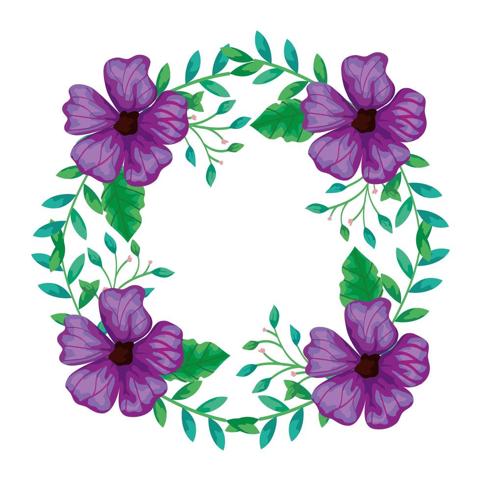 Rahmen kreisförmig von Blumen lila mit Zweigen und Blättern vektor