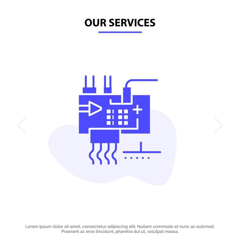 Unsere Dienstleistungen montieren individuell angepasste Elektronik-Engineering-Teile solide Glyphen-Symbol-Webkartenvorlage vektor