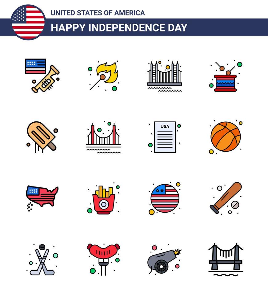 4:e juli USA Lycklig oberoende dag ikon symboler grupp av 16 modern platt fylld rader av oberoende trumma bro dag turism redigerbar USA dag vektor design element