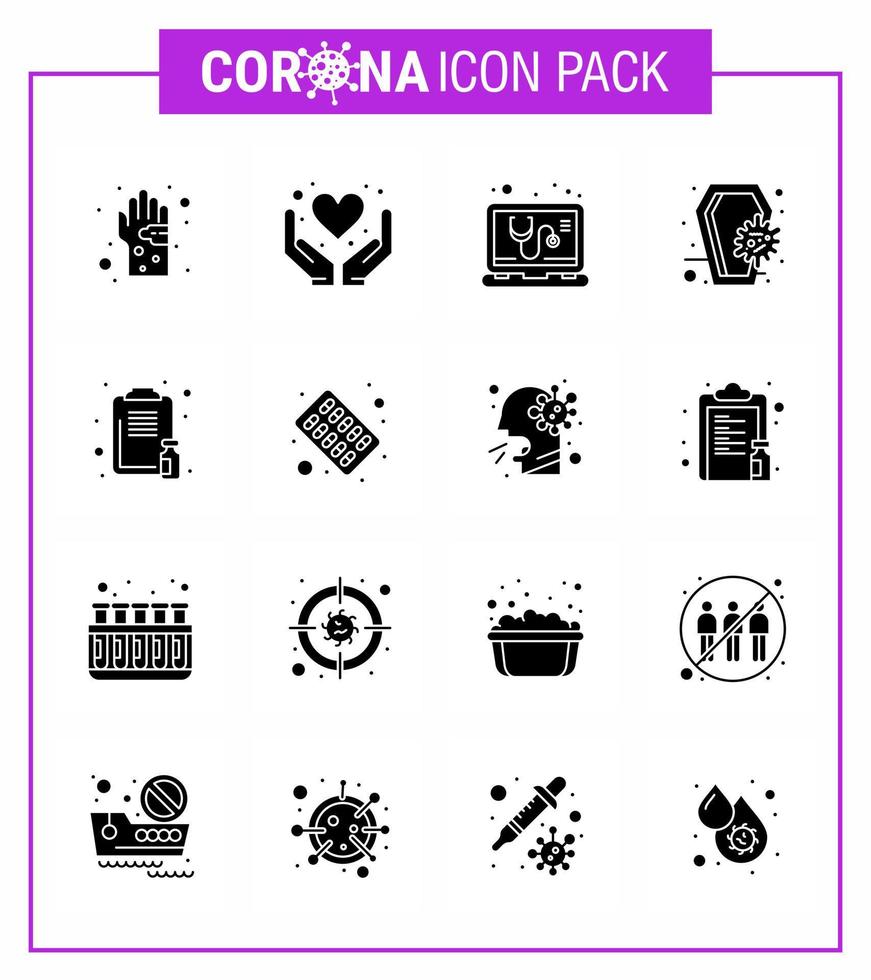 Coronavirus 16 Solid Glyph Black Icon Set zum Thema Corona-Epidemie enthält Icons wie Infektion Coronavirus Herzsarg online virales Coronavirus 2019nov Krankheitsvektor Designelemente vektor