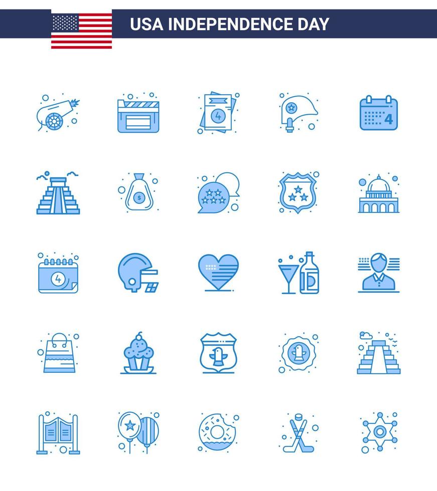 modern uppsättning av 25 blues och symboler på USA oberoende dag sådan som datum kalander kärlek stjärna hjälm redigerbar USA dag vektor design element