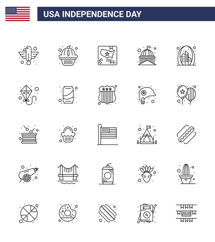 Line Pack mit 25 Usa-Unabhängigkeitstag-Symbolen von weißen Wahrzeichen Cake House World editierbare Usa-Tag-Vektordesign-Elemente vektor