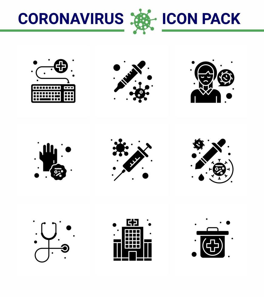 Corona-Virus 2019 und 2020 Epidemie 9 solides Glyphen-Schwarz-Icon-Pack wie Krankheits-Covid-Virus-Virus krankes virales Coronavirus 2019nov Krankheitsvektor-Designelemente vektor