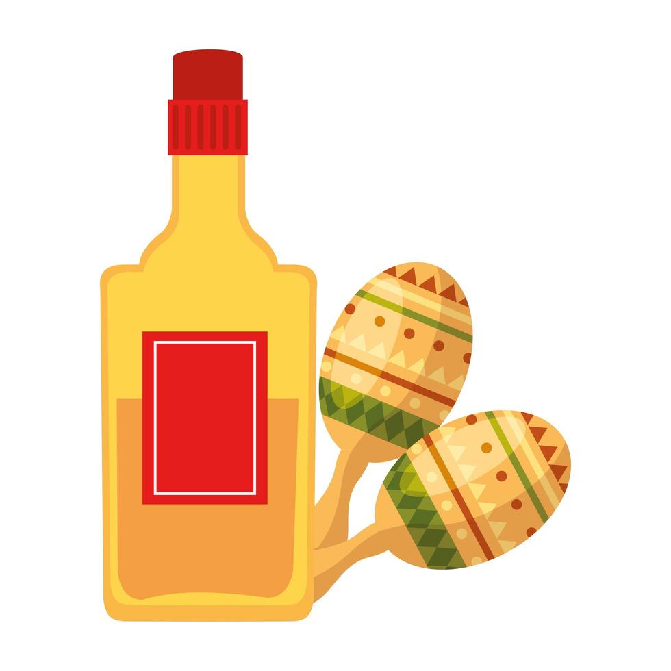 isolerad mexikansk tequila flaska och maracas vektor design