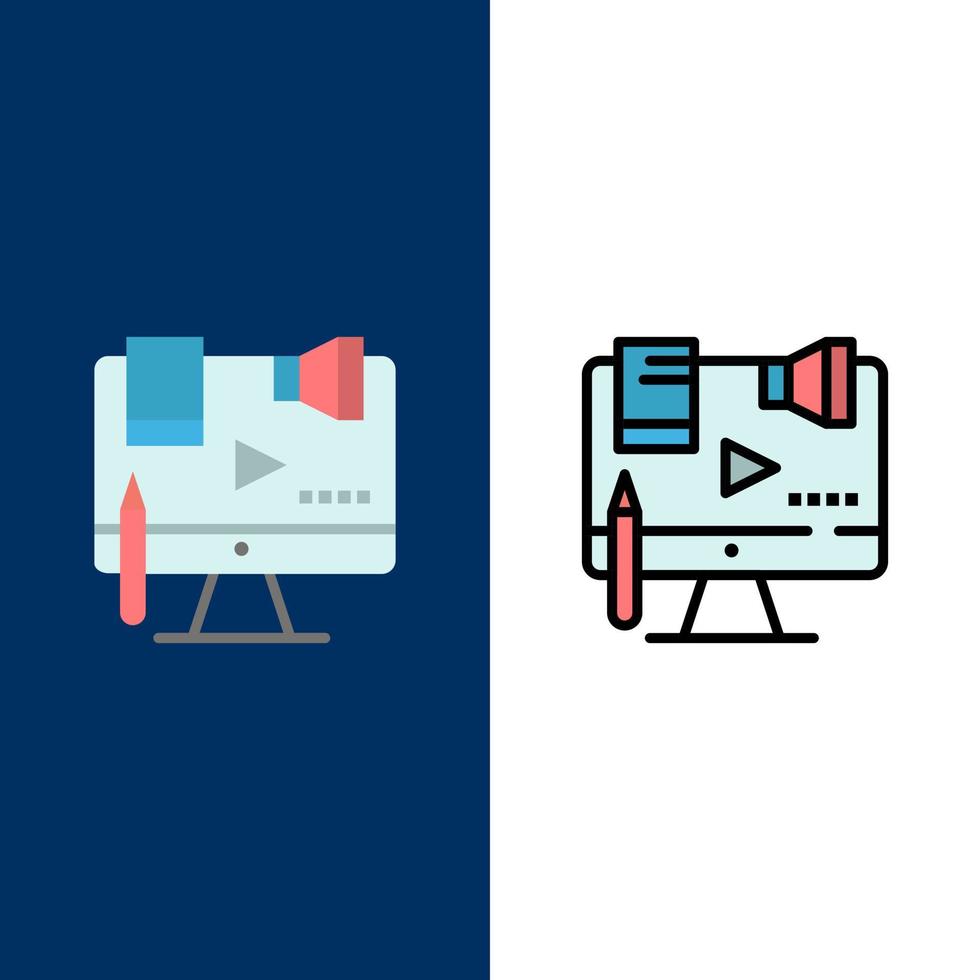 Business Content Copyright digitale Gesetze Symbole flach und Linie gefüllt Icon Set Vektor blauen Hintergrund