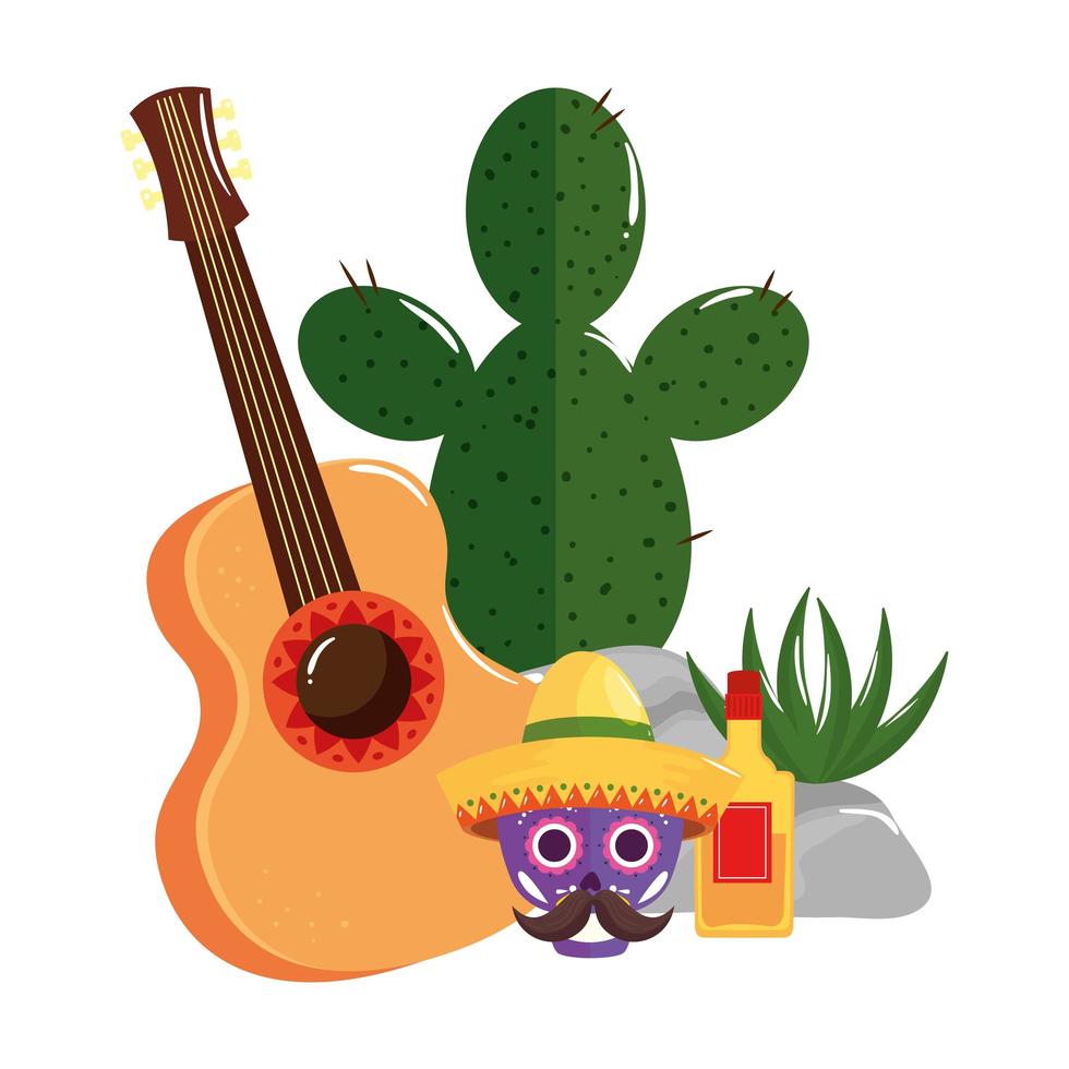 mexikanischer Schädel mit Hutgitarren-Tequilaflasche und Kaktusvektorentwurf vektor