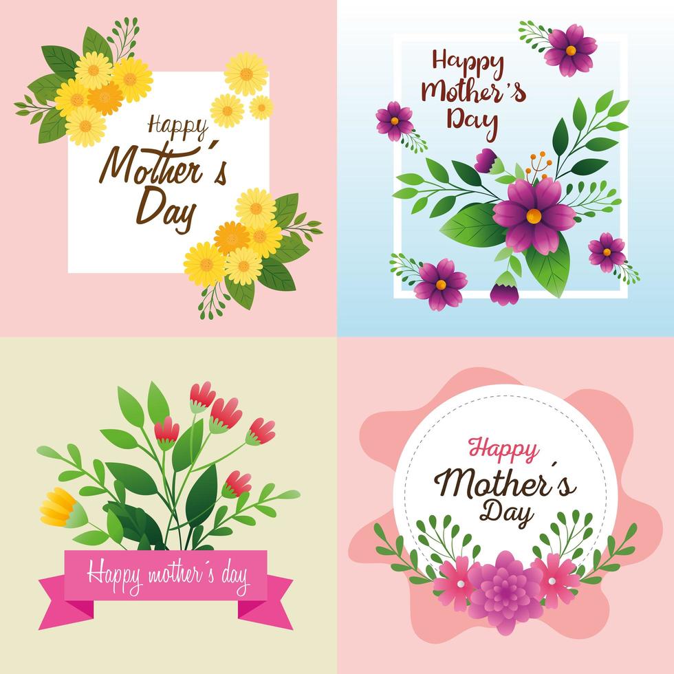 Karten des glücklichen Muttertags mit Blumendekoration setzen vektor