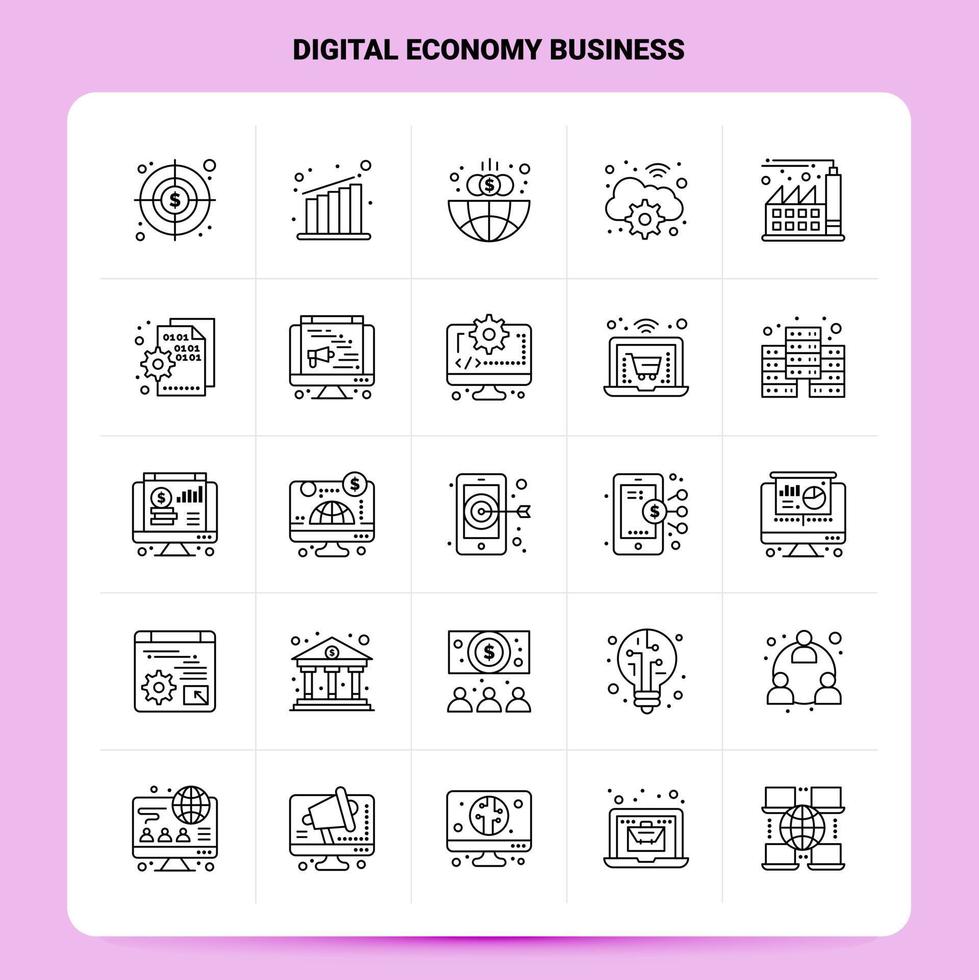översikt 25 digital ekonomi företag ikon uppsättning vektor linje stil design svart ikoner uppsättning linjär piktogram packa webb och mobil företag idéer design vektor illustration