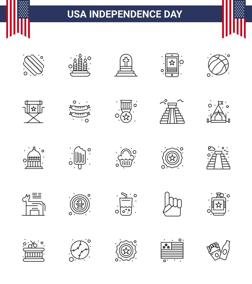 25 kreativ USA ikoner modern oberoende tecken och 4:e juli symboler av fotboll amerikan gravsten telefon smart telefon redigerbar USA dag vektor design element