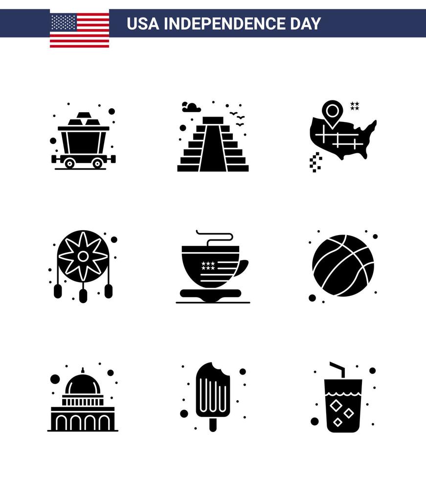 9 usa solide glyphe unterzeichnet unabhängigkeitstag feier symbole der amerikanischen tassenkarte tee traumfänger editierbare usa tag vektor design elemente