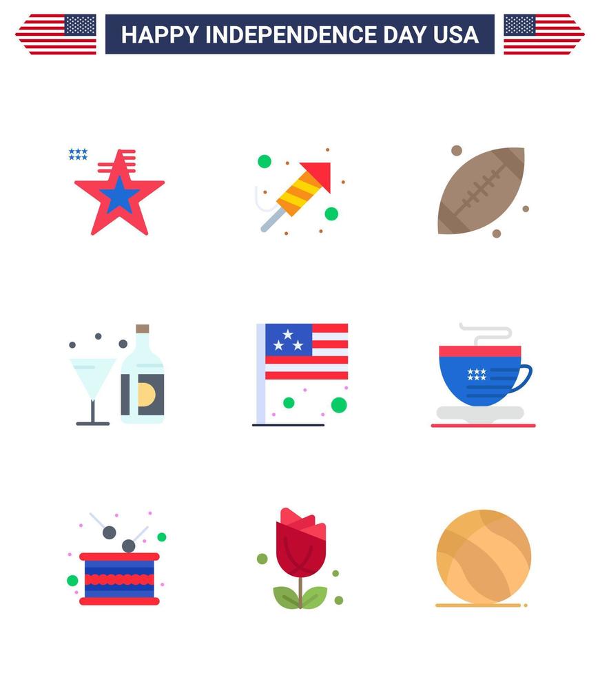 Happy Independence Day 9 Flats Icon Pack für Web und Print Day Bottle Ball American Drink editierbare Usa Day Vector Design Elemente