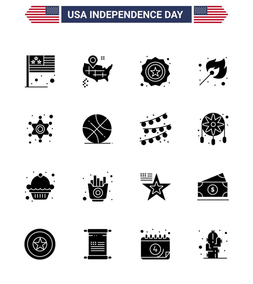 Packung mit 16 kreativen USA-Unabhängigkeitstag-bezogenen soliden Glyphen von Star Men Security Outdoor-Feuer editierbare USA-Tag-Vektordesign-Elemente vektor