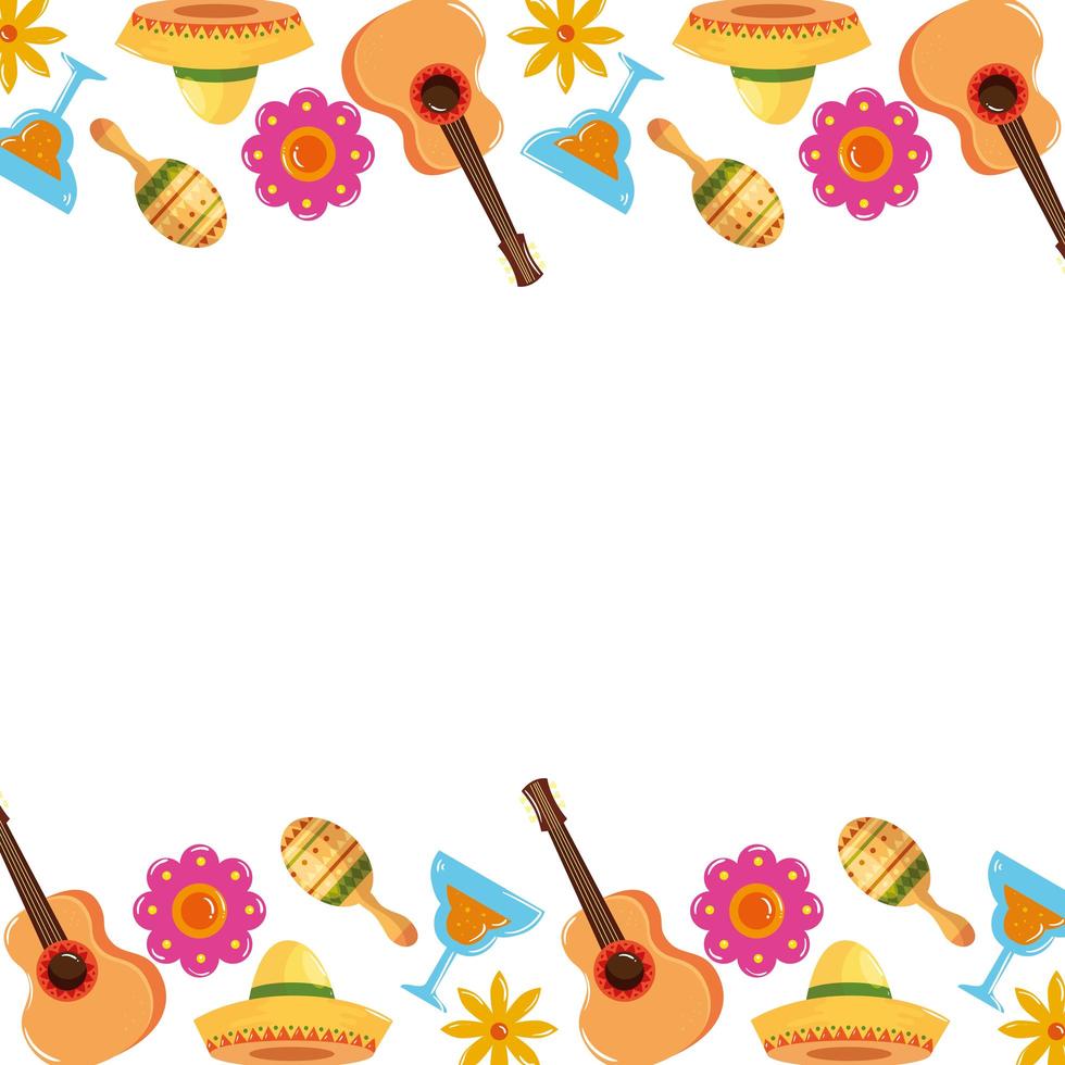 mexikanska gitarrer cocktails maracas och blommor ram vektor design