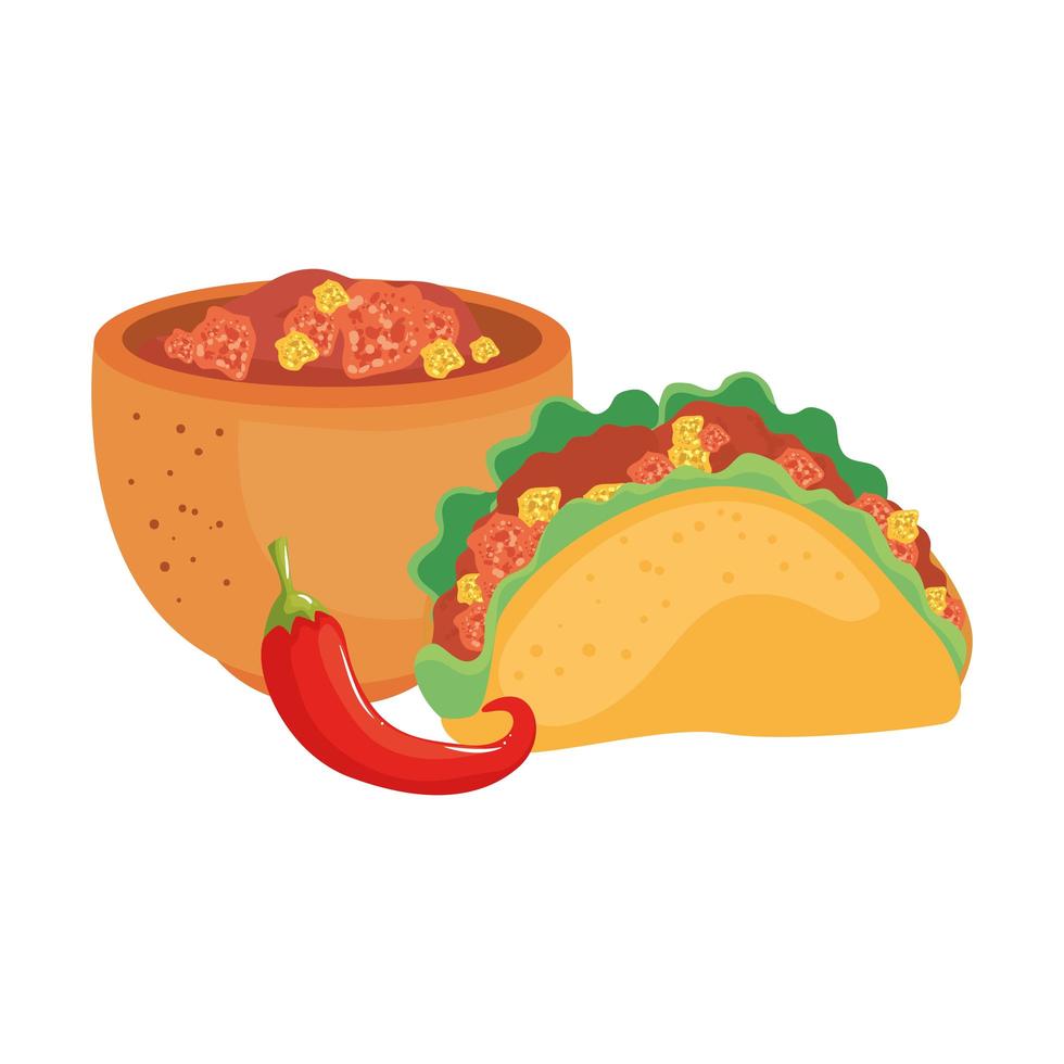 isolerad mexikansk taco chili och skål vektor design