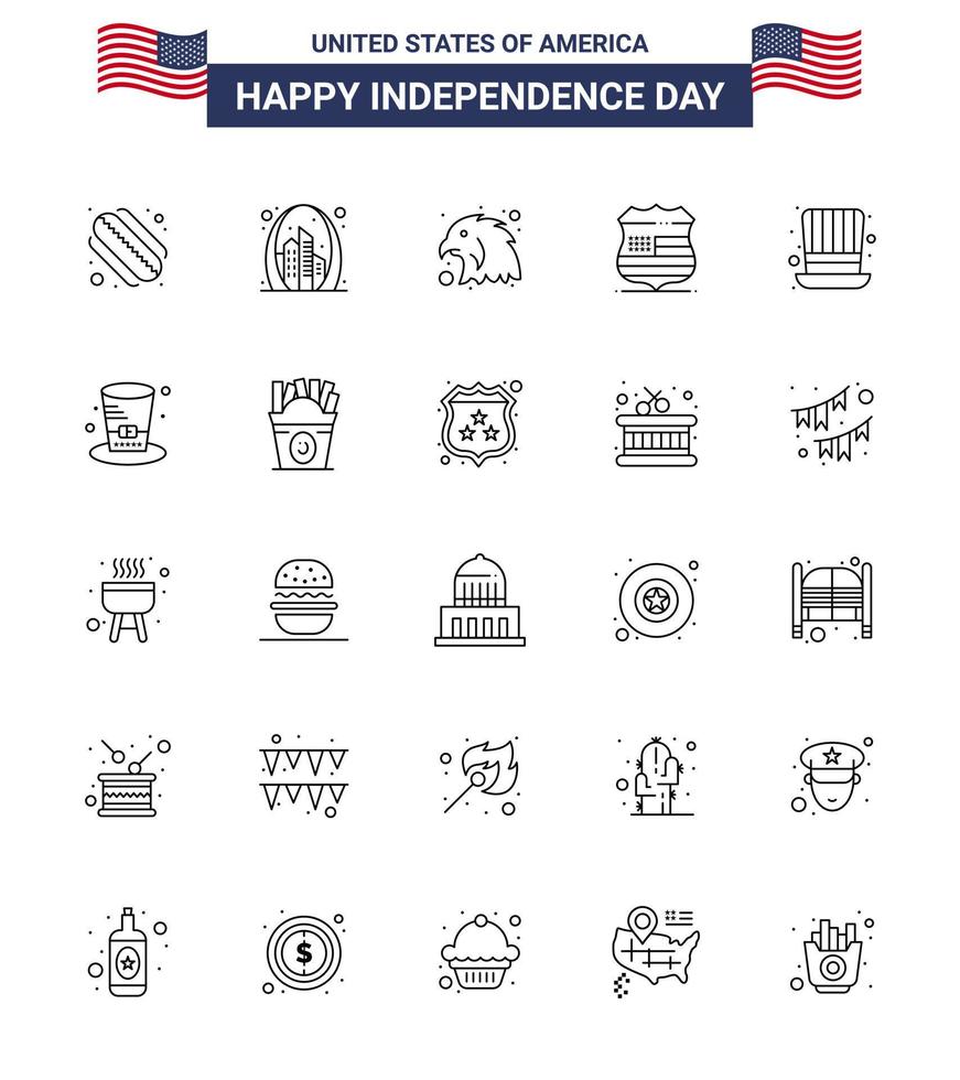 Packung mit 25 kreativen USA-Unabhängigkeitstag-bezogenen Linien von Präsidenten-Tag-Tiersicherheitszeichen editierbare USA-Tag-Vektordesign-Elemente vektor