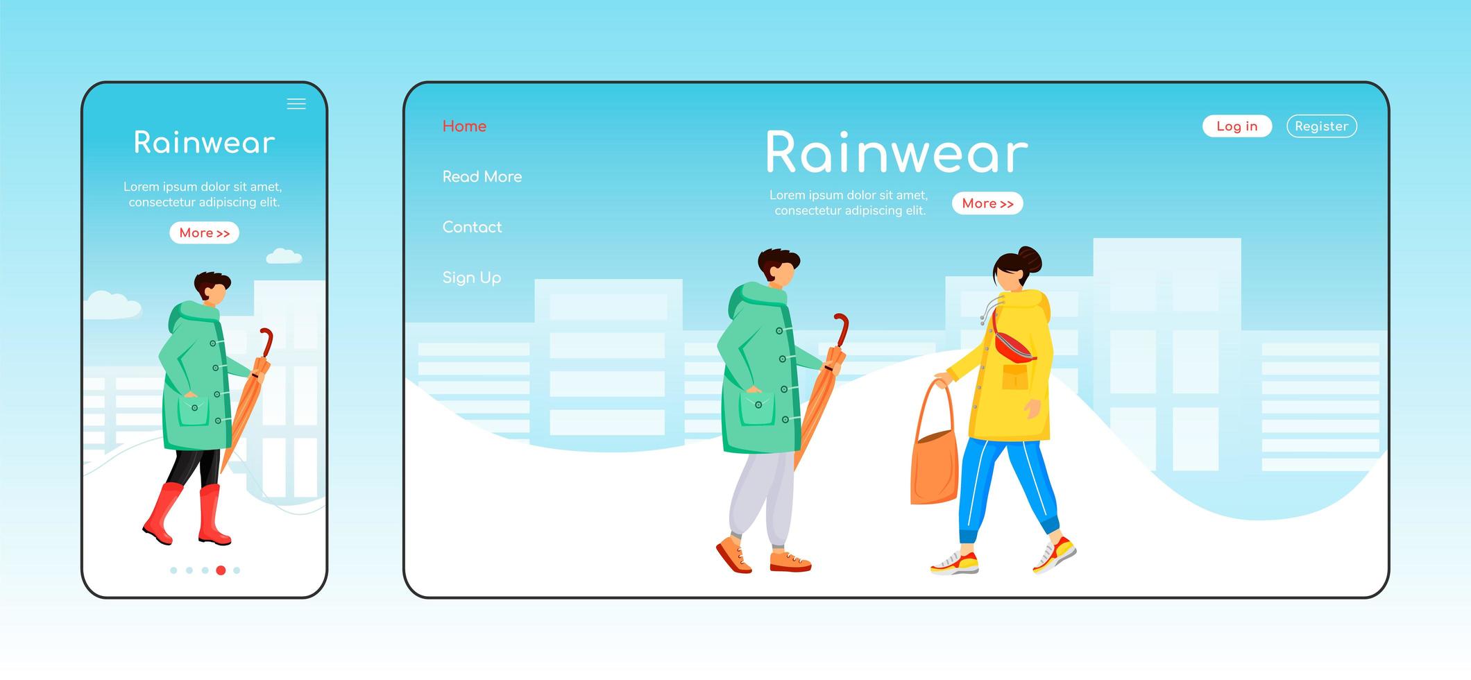 Regenbekleidung Landingpage flache Farbe Vektor Vorlage
