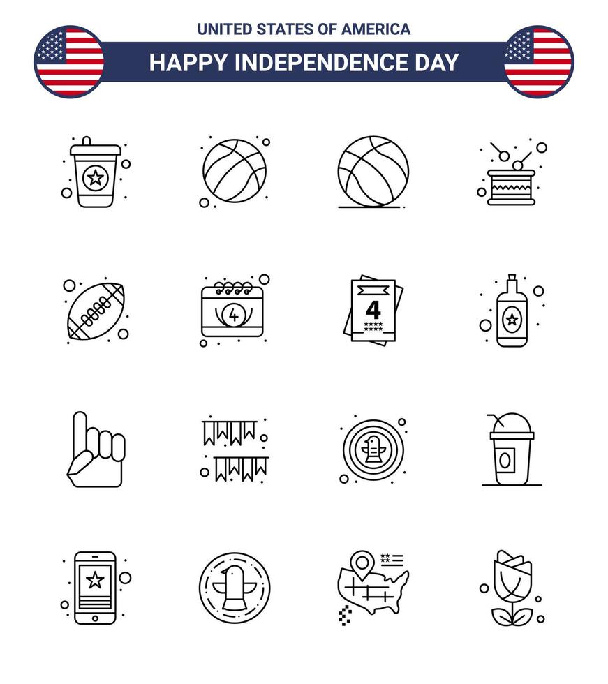 Lycklig oberoende dag 4:e juli uppsättning av 16 rader amerikan pictograph av rugby oberoende boll oberoende trumma redigerbar USA dag vektor design element