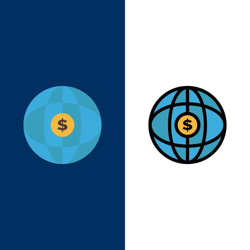 värld klot internet dollar ikoner platt och linje fylld ikon uppsättning vektor blå bakgrund