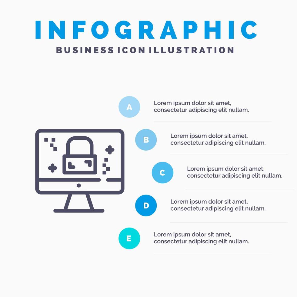 dmca-schutzmonitor-bildschirmsperrzeilensymbol mit 5 schritten präsentation infografiken hintergrund vektor