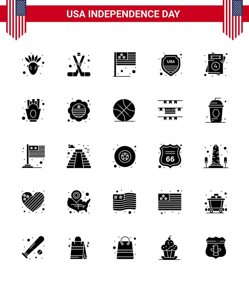 grupp av 25 fast glyf uppsättning för oberoende dag av förenad stater av Amerika sådan som kärlek USA dag tecken säkerhet redigerbar USA dag vektor design element
