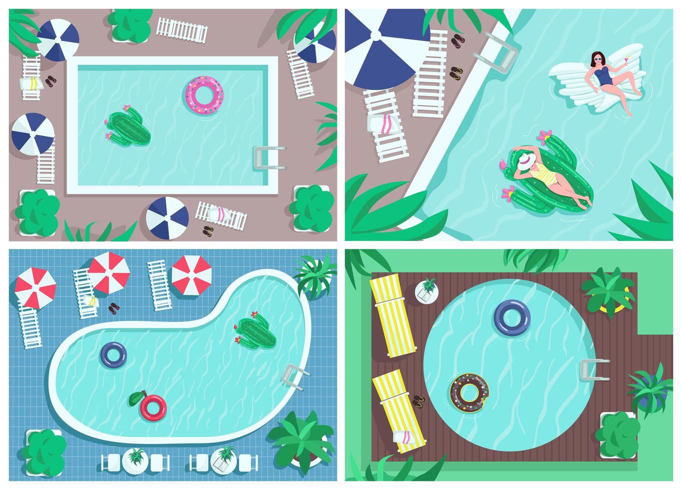 Draufsicht Pool flache Farbe Vektor-Illustrationen gesetzt vektor