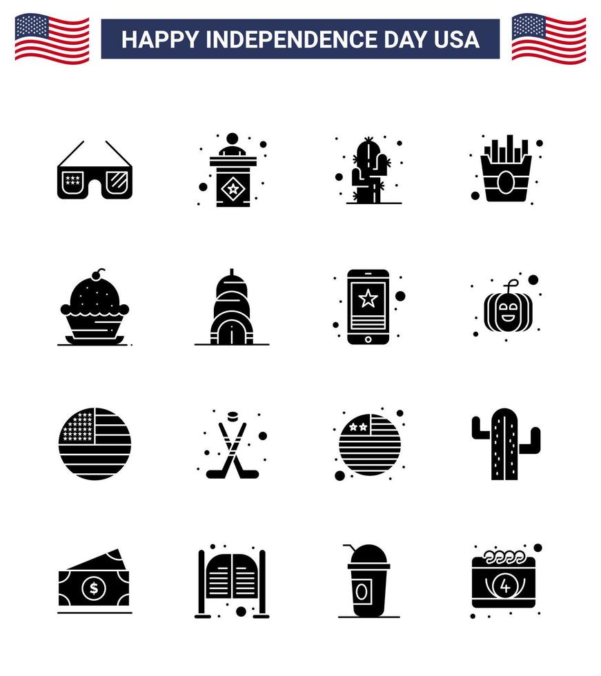 Stock Vector Icon Pack von American Day 16 solide Glyphen-Zeichen und Symbole für Muffin-Kuchen-Kaktus-Pommes schnell editierbare Usa-Tag-Vektor-Design-Elemente